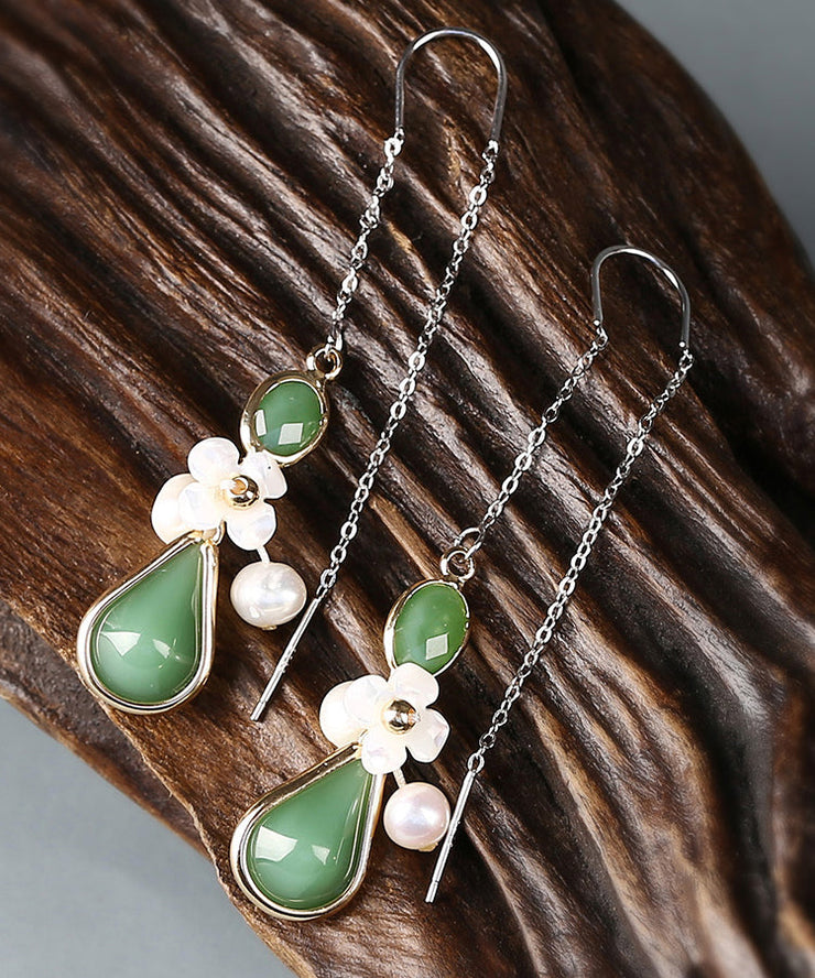 Chic Green Sterling Silver Coloured Glaze Pearl Shell Flower Drop Earrings