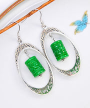 Chic Green Sterling Silver Jade Dry Green Hollow Out Drop Earrings