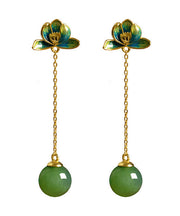 Chic Green Sterling Silver Jade Enamel Lotus Tassel Drop Earrings