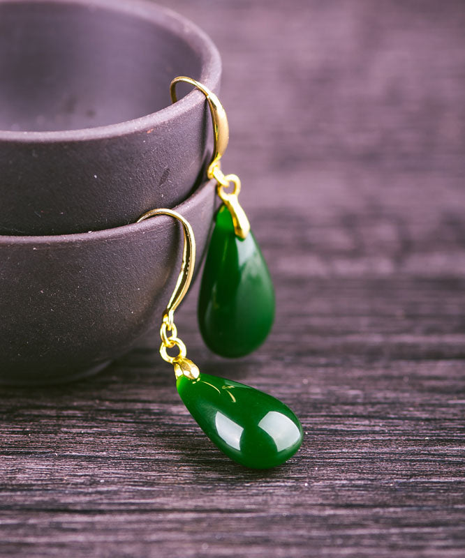 Chic Green Sterling Silver Overgild Jade Water Drops Drop Earrings