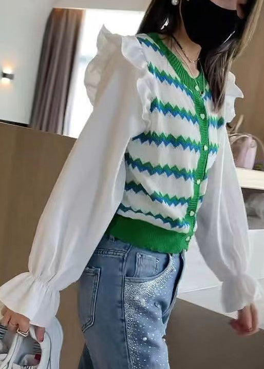 Chic Green Striped Ruffled Patchwork Knit Blouse Tops Fall