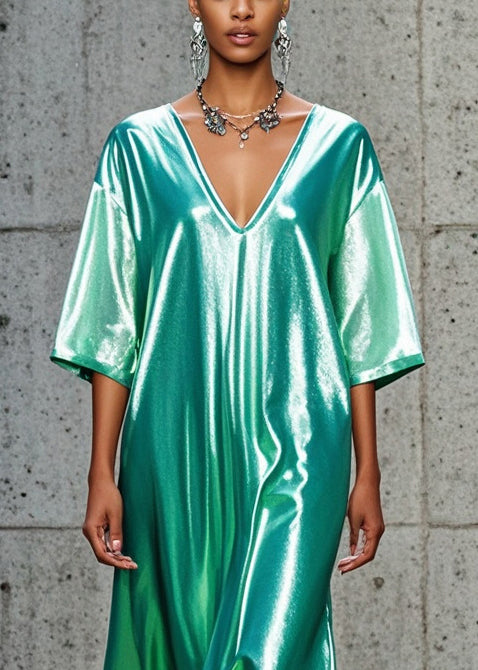 Chic Green V Neck Oversized Silk Vacation Dresses Summer