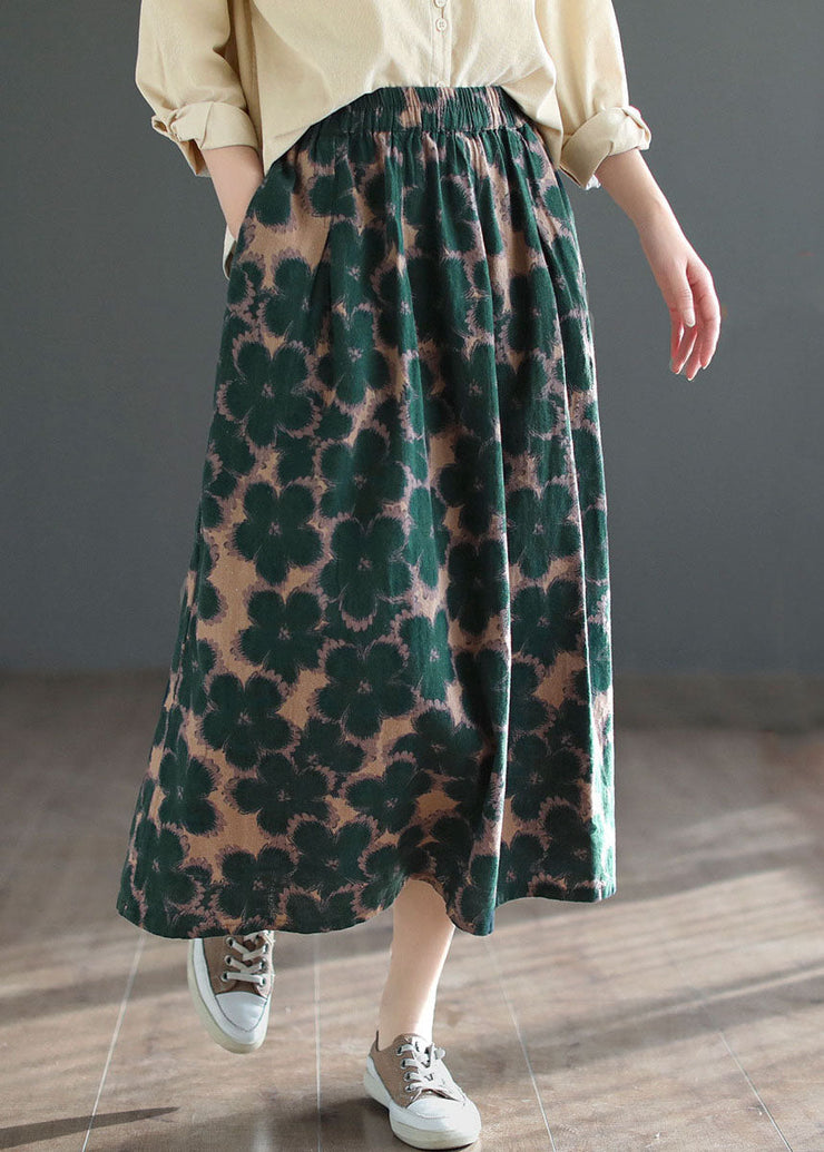 Chic Green Wrinkled Pockets Print Patchwork Cotton Skirts Summer