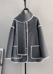 Chic Grey Button Pockets Woolen Short Coats Winter