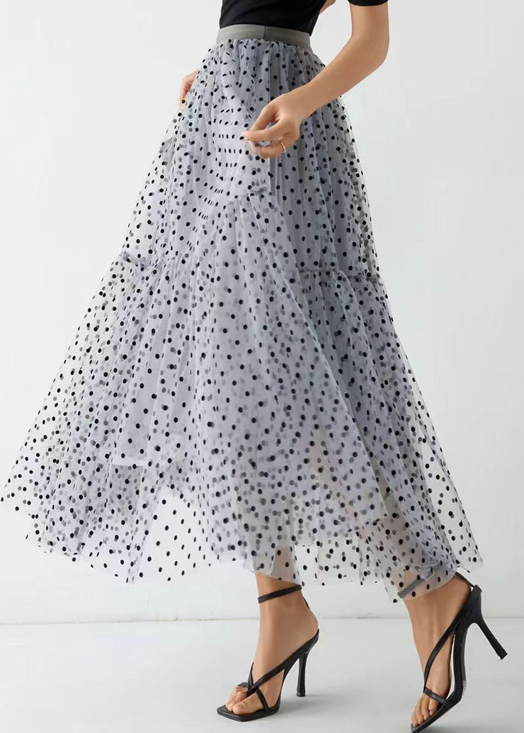 Chic Grey Dot Wrinkled Patchwork Elastic Waist Tulle Skirt Spring