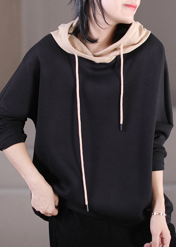 Chic Grey Drawstring Knit Patchwork Hooded Sweatshirt Fall