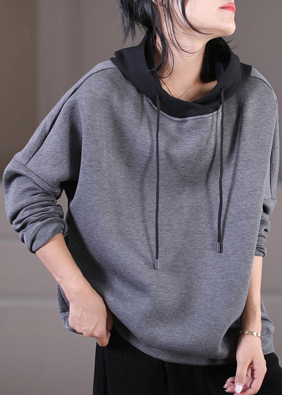 Chic Grey Drawstring Knit Patchwork Hooded Sweatshirt Fall