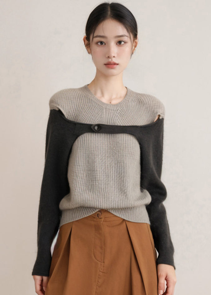 Chic Grey O Neck Patchwork Woolen Knitted Tops Fall