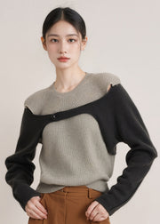 Chic Grey O Neck Patchwork Woolen Knitted Tops Fall