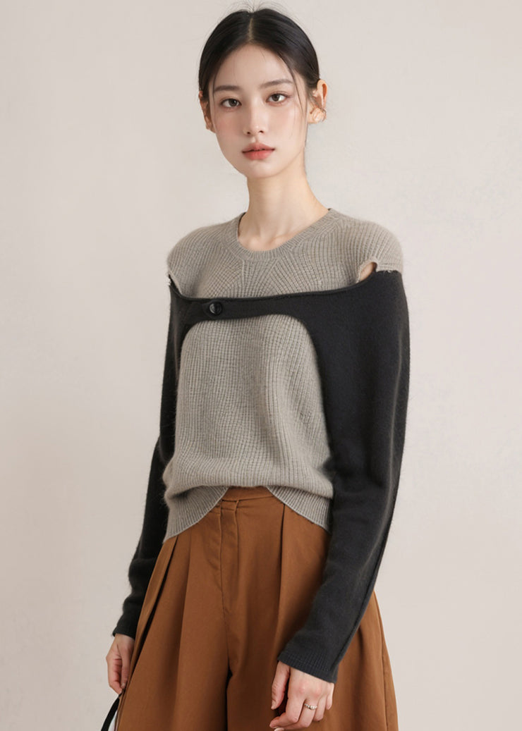 Chic Grey O Neck Patchwork Woolen Knitted Tops Fall