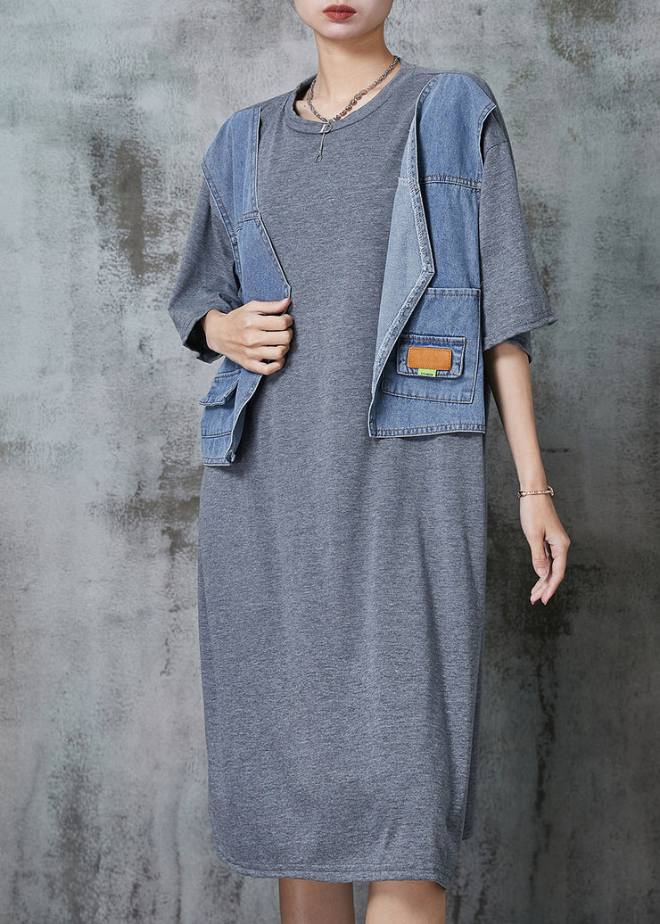 Chic Grey Oversized Patchwork Cotton Robe Dresses Summer