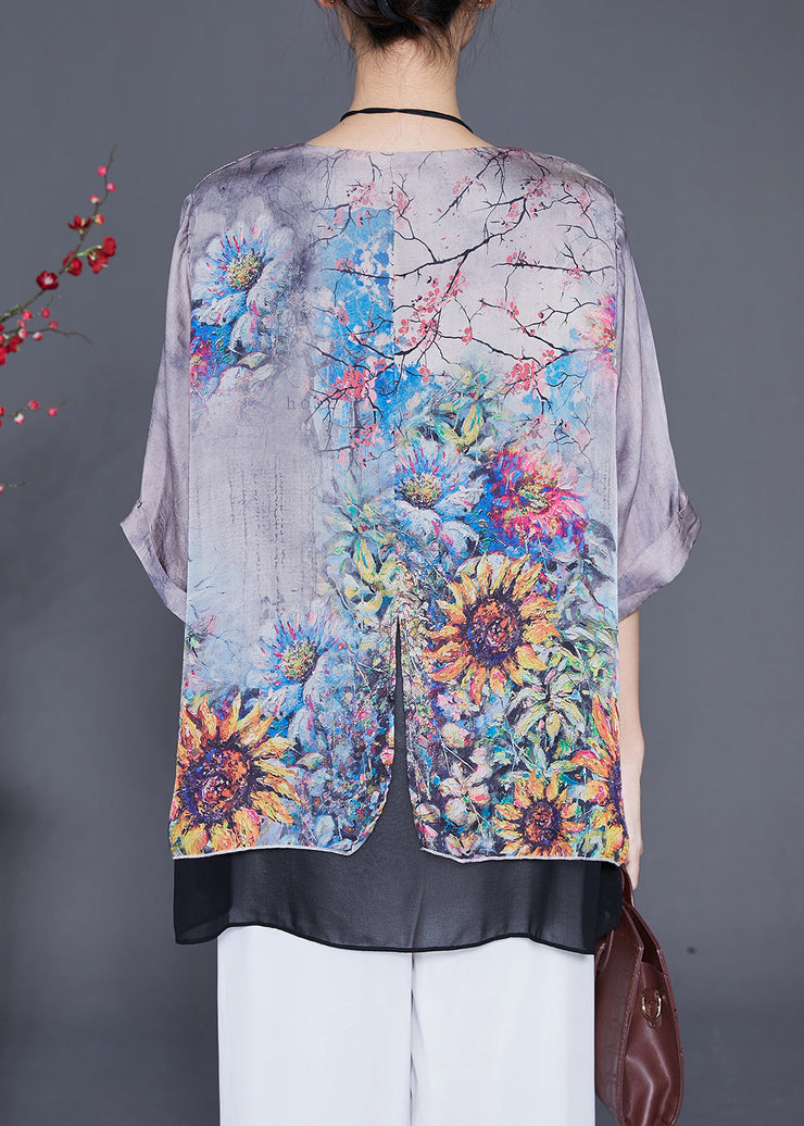 Chic Grey Oversized Patchwork Print Silk Shirts Summer