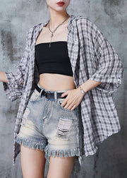 Chic Grey Oversized Plaid Cotton Shirt Summer