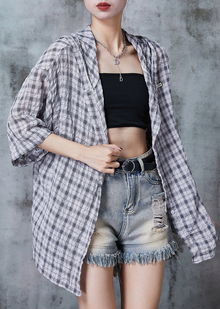 Chic Grey Oversized Plaid Cotton Shirt Summer