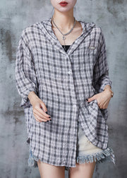 Chic Grey Oversized Plaid Cotton Shirt Summer