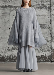 Chic Grey Patchwork Tulle Knitted Dress Oversized Batwing Sleeve