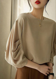 Chic Khaki O-Neck Cinched Chiffon Shirt Tops Lantern Sleeve