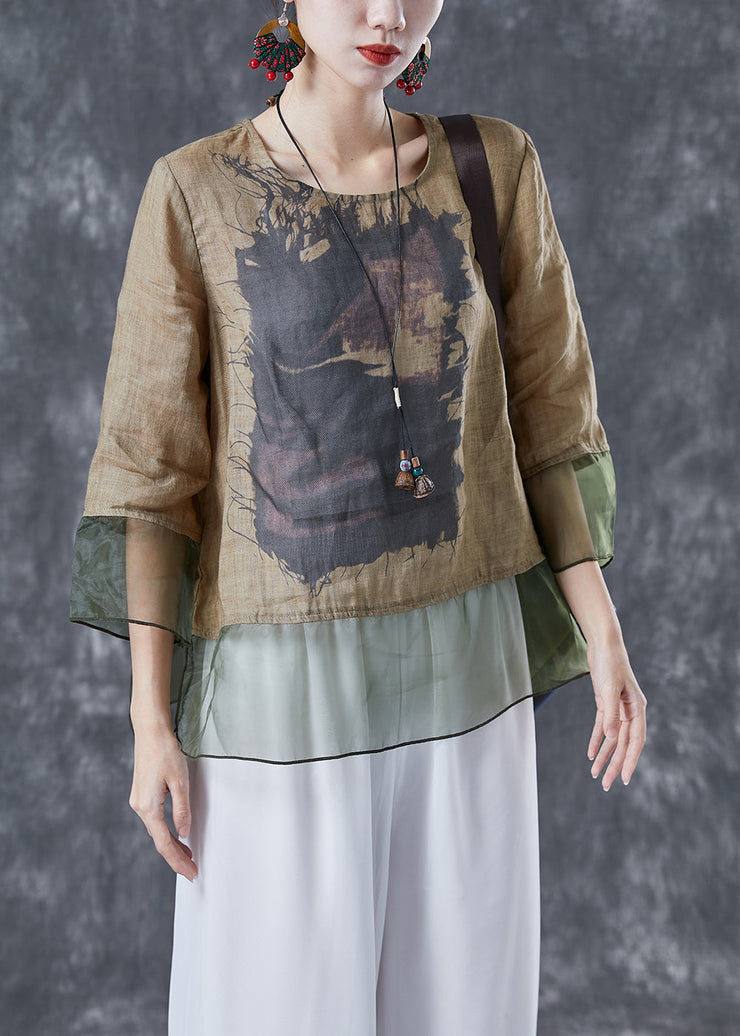 Chic Khaki Oversized Patchwork Organza Linen Shirts Bracelet Sleeve