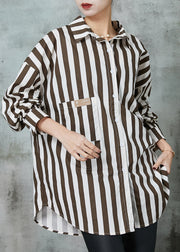 Chic Khaki Oversized Striped Cotton Shirt Tops Spring