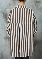 Chic Khaki Oversized Striped Cotton Shirt Tops Spring