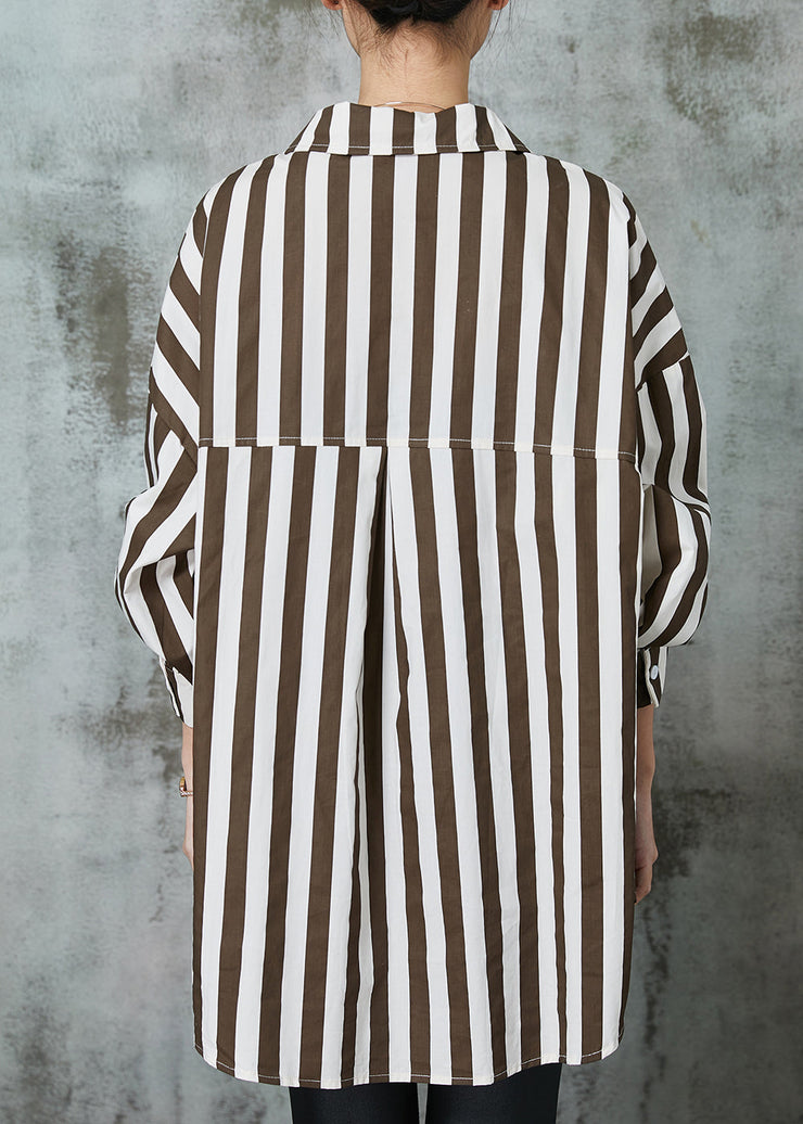 Chic Khaki Oversized Striped Cotton Shirt Tops Spring