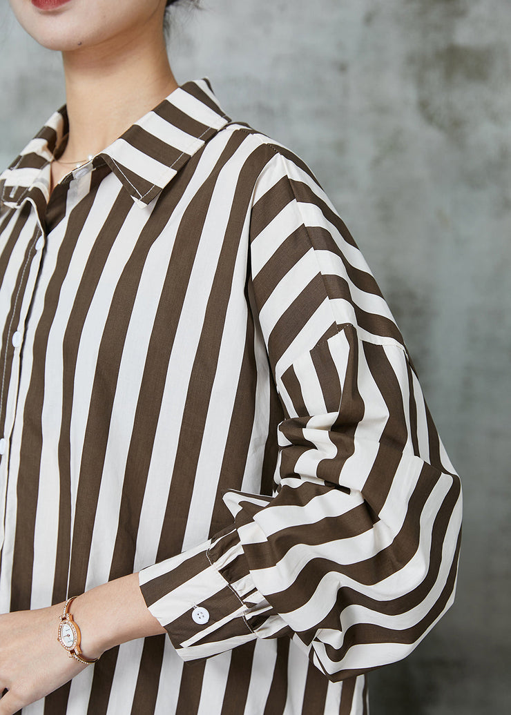 Chic Khaki Oversized Striped Cotton Shirt Tops Spring