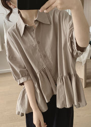 Chic Khaki Peter Pan Collar Asymmetrical Wrinkled Cotton Shirt Summer