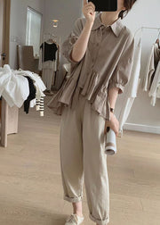 Chic Khaki Peter Pan Collar Asymmetrical Wrinkled Cotton Shirt Summer