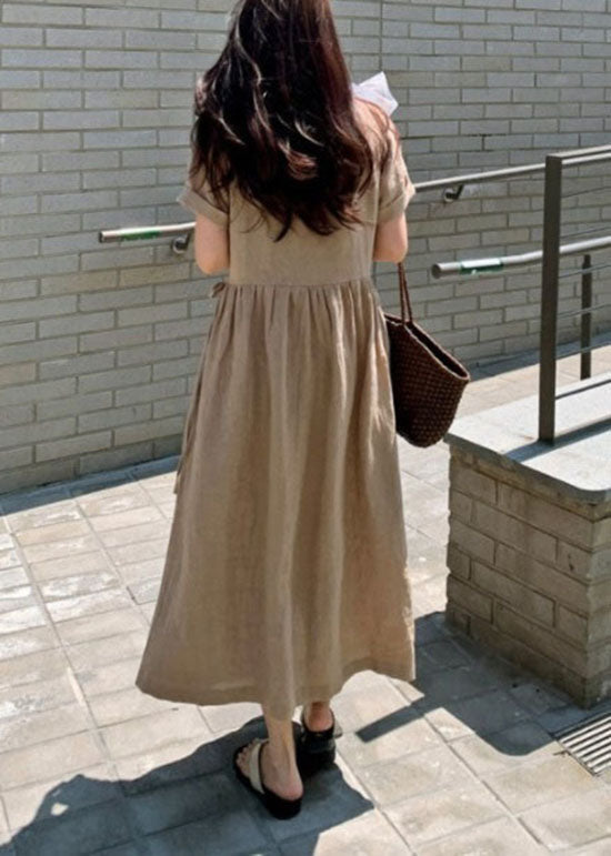 Chic Khaki Peter Pan Collar Patchwork Linen Long Dress Short Sleeve