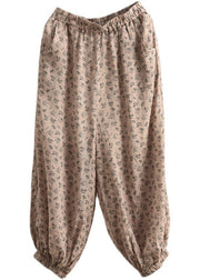 Chic Khaki Print Elastic Waist Linen Beam Pants Spring