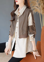 Chic Khaki Striped Patchwork Cotton Fake Two Piece Shirt Top Spring