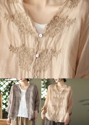 Chic Khaki V Neck Embroideried Linen Shirt Long Sleeve