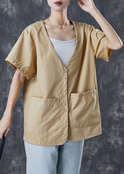 Chic Khaki V Neck Pockets Cotton Shirt Tops Summer