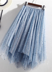 Chic Light Blue Elastic Waist Sequins Tulle A Line Skirts Summer