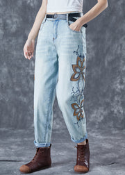 Chic Light Blue Embroideried Zircon Denim Harem Pants Summer