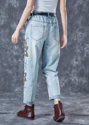 Chic Light Blue Embroideried Zircon Denim Harem Pants Summer