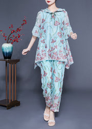 Chic Light Blue Hooded Ruffled Embroideried Silk Two Pieces Set Flare Sleeve