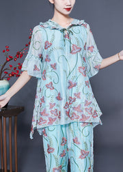 Chic Light Blue Hooded Ruffled Embroideried Silk Two Pieces Set Flare Sleeve