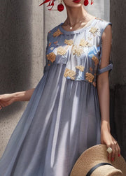 Chic Light Blue O Neck Print Patchwork Silk Long Dresses Summer