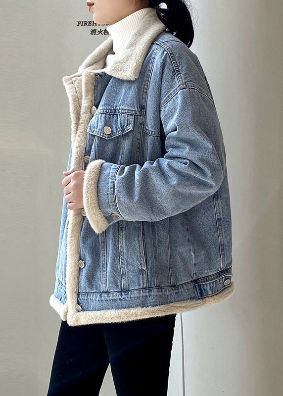 Chic Light Blue Peter Pan Collar Pockets Warm Fleece Denim Coats Long Sleeve