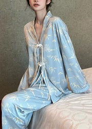 Chic Light Blue V Neck Print Button Ice Silk Pajamas Two Pieces Set Long Sleeve