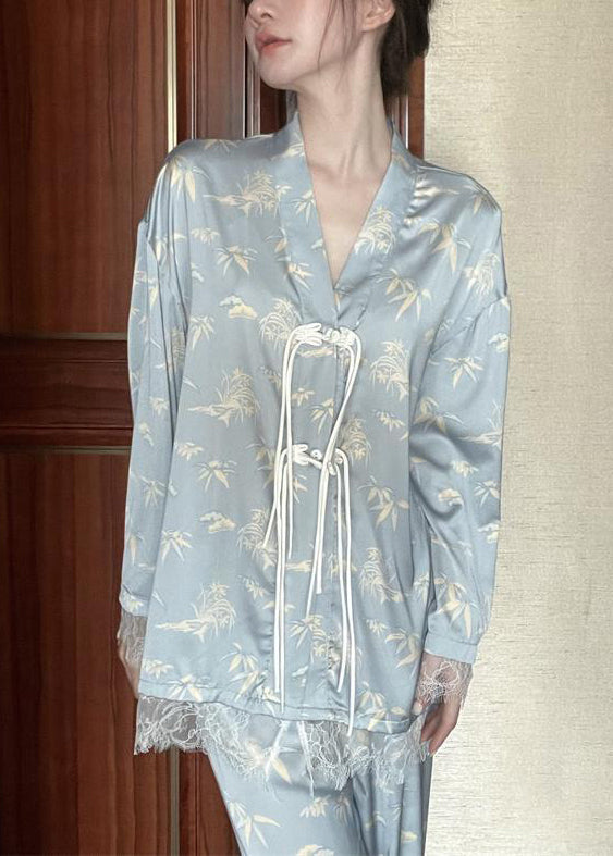 Chic Light Blue V Neck Print Button Ice Silk Pajamas Two Pieces Set Long Sleeve