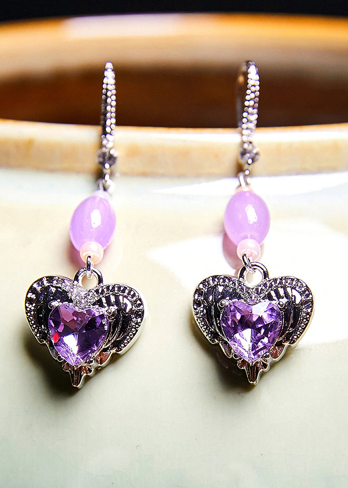 Chic Light Purple Heart-shaped Gem Stone Drop Earrings