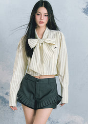 Chic Light Yellow Bow Striped Patchwork Top Fall