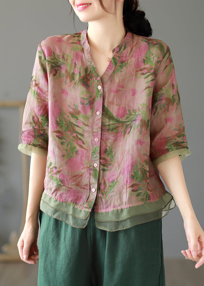 Chic Lotus Root Pink Color Print Button Linen Shirt Summer