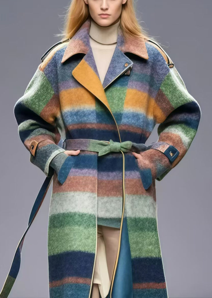 Chic Multicolor Tie Waist Striped Woolen Coat Fall