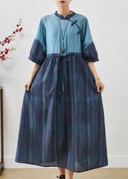 Chic Navy Cinched Patchwork Striped Linen Dresses Summer