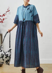 Chic Navy Cinched Patchwork Striped Linen Dresses Summer