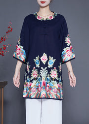 Chic Navy Embroideried Linen Long Shirt Bracelet Sleeve