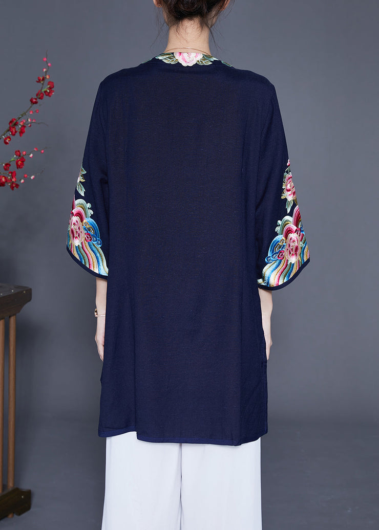 Chic Navy Embroideried Linen Long Shirt Bracelet Sleeve